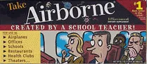 Airborne packaging, with the phrase “Created by a School Teacher!” prominent next to cartoon figures on a plane.