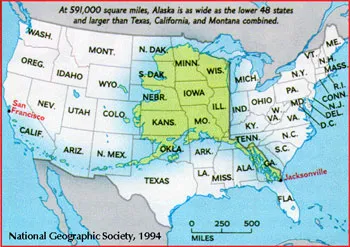 A map of the continental United States with Alaska superimposed and centered. The main part of Alaska occupies roughly a quarter of the continental U.S. width-wise, but Alaska’s long tails extend from California to Florida.