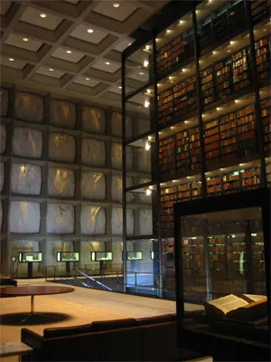 Looking out from the inside at the Beinecke Library’s translucent marble ”windows”