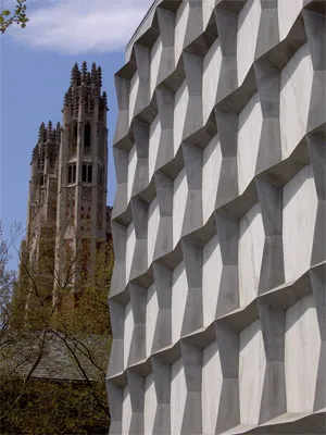 At Yale University, the modernist Beinecke Library is in the foreground and a Gothic Revival structure is in the background