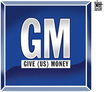 The General Motors logo with "Give (Us) Money” in the underline