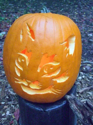 A pumpkin carved as a cat’s face, with a high degree of artistry