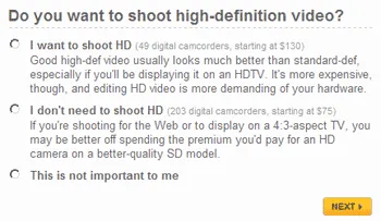 A screenshot from an ExactChoice-inspired CNET recommender. It says “Do you want to shoot high-definition video?” Under that are three choices: “I want to shoot HD,” “I don't need to shoot HD,” and “This is not important to me.” In smaller text, each choice explains the circumstances that would call for HD or non-HD video. Each choice also has the number of camcorders corresponding to that choice.