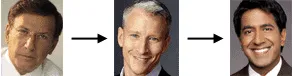Photos of CNN personalities Aaron Brown, Anderson Cooper, and Sanjay Gupta