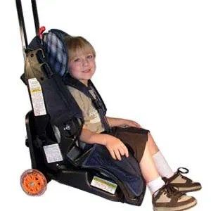 The gogo Kidz Travelmate: a child in a car seat that’s mounted on wheels with a handle for parents to push or pull.