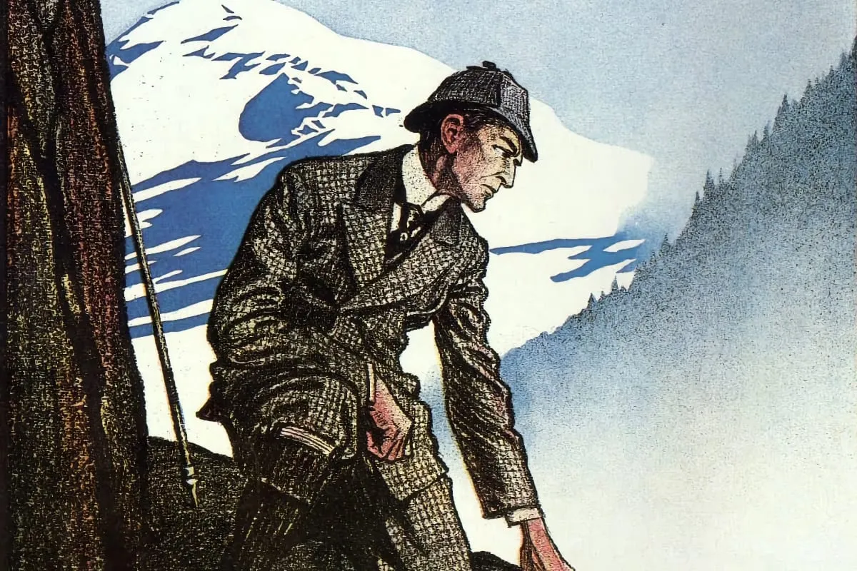 Sherlock Holmes looks down amid mountainous terrain