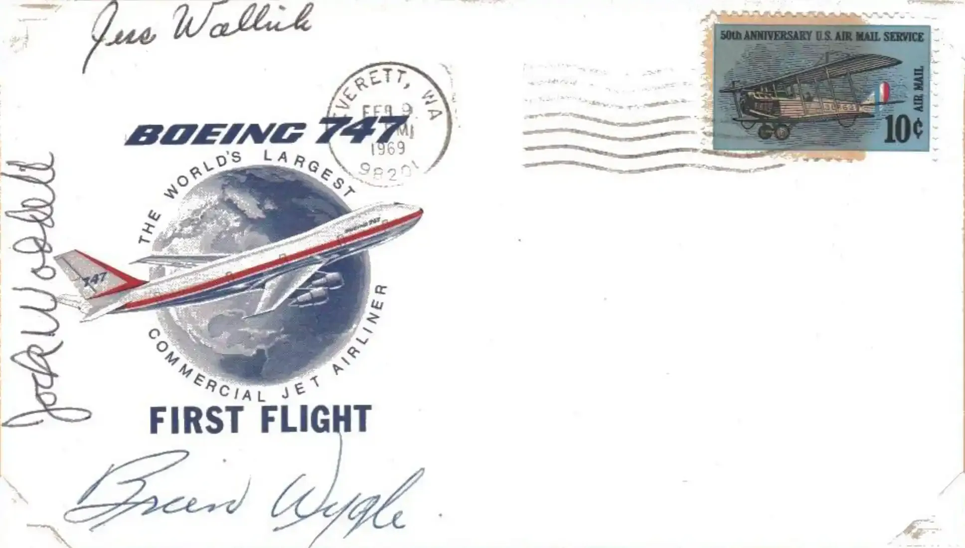 An envelope with an insignia that says "Boeing 747 First Flight: The world's largest commercial jet airliner." The postmark is Everett, Washington, February 9, 1969. Three crew signatures are on the envelope.