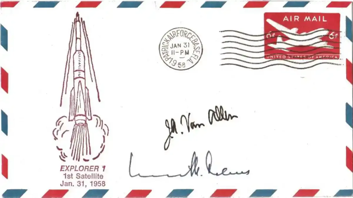 An air mail envelope with a drawing of a rocket labeled "Explorer 1, 1st Satellite, Jan. 31, 1958." The postmark is for that same date. The signatures of James Van Allen and Kurt Debus are at center bottom.