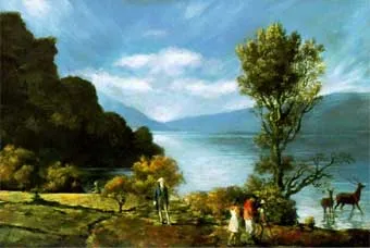 Komar and Melamid’s “Most Wanted” painting for the United States. It’s a landscape with a lake and mountains in the background. Deer are frolicking at right. George Washington is at center.