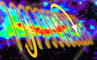 A visualization of a gold slinky-like structure around a colorful gas cloud