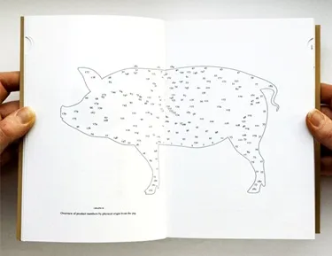 A page from Dutch designer Christien Meindertsma’ book “Pig 05049.” It shows a drawing of a pig annotated with tiny numbers indicating how the pig’s parts were used.