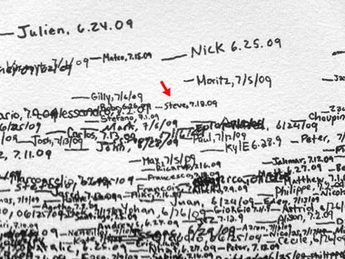 Steve’s name and height on the wall, near the top edge of the cluster or people's names/heights