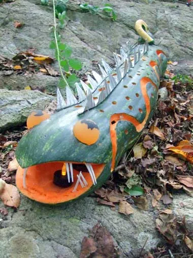 A long squash carved like a sea monster for Halloween