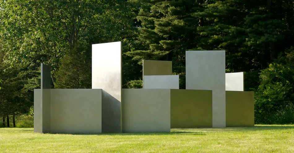 Edward Tufte’s “Escaping Flatland” sculpture, comprising twelve-foot-high stainless-steel rectangles arrayed with different angles and orientations