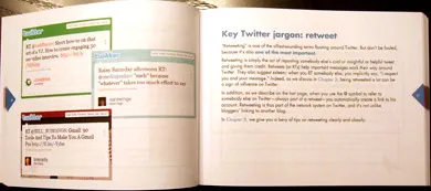 A two-page spread from “The Twitter Book”: screenshots on the left-hand page, explanations on the right-hand page