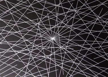 Soll LeWitt’s “Wall Drawing 289”: against a black background, white lines cross the canvas at various angles, many meeting at a centerpoint