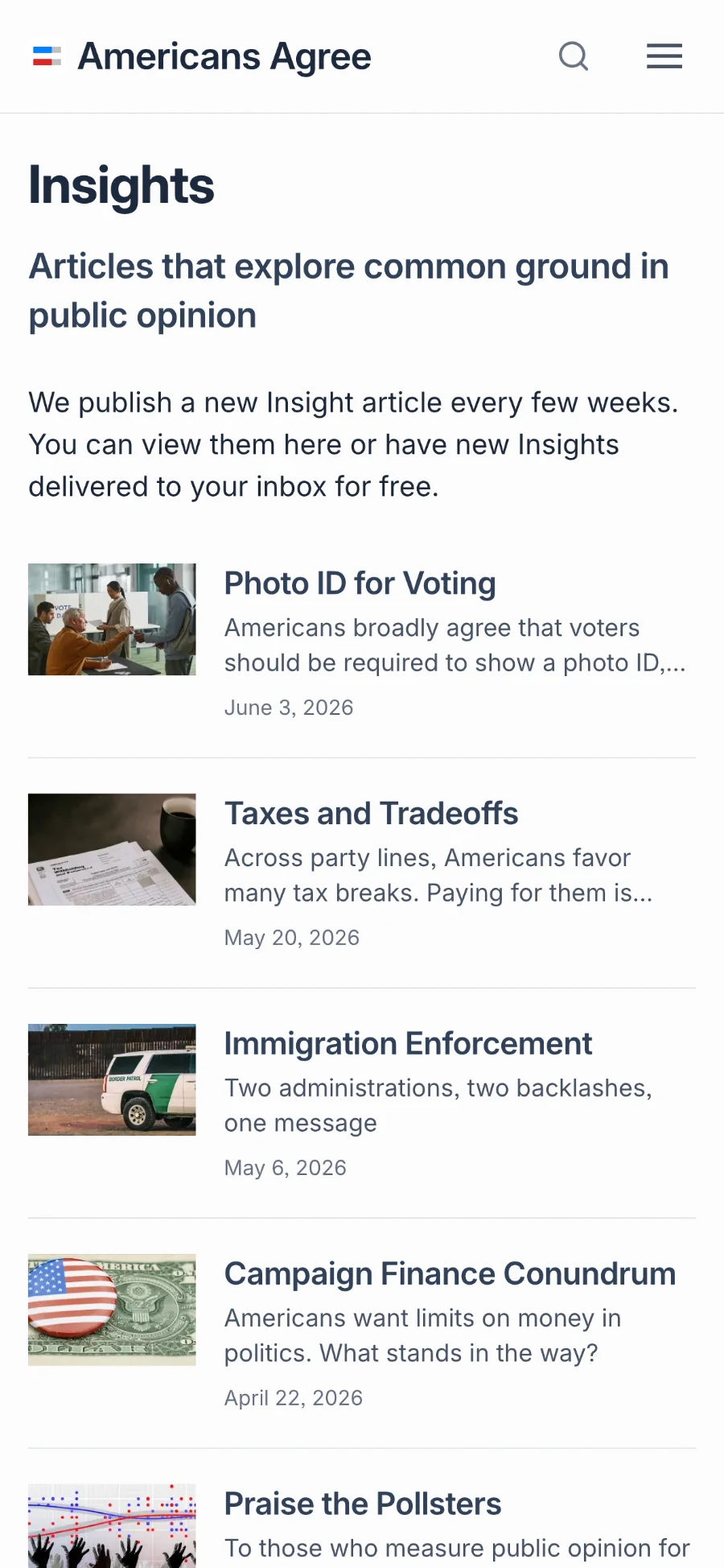 A screenshot from the Americans Agree Insights page. It lists Insights articles, each with a headline and short summary, exploring whether and why points of agreement have become policy.