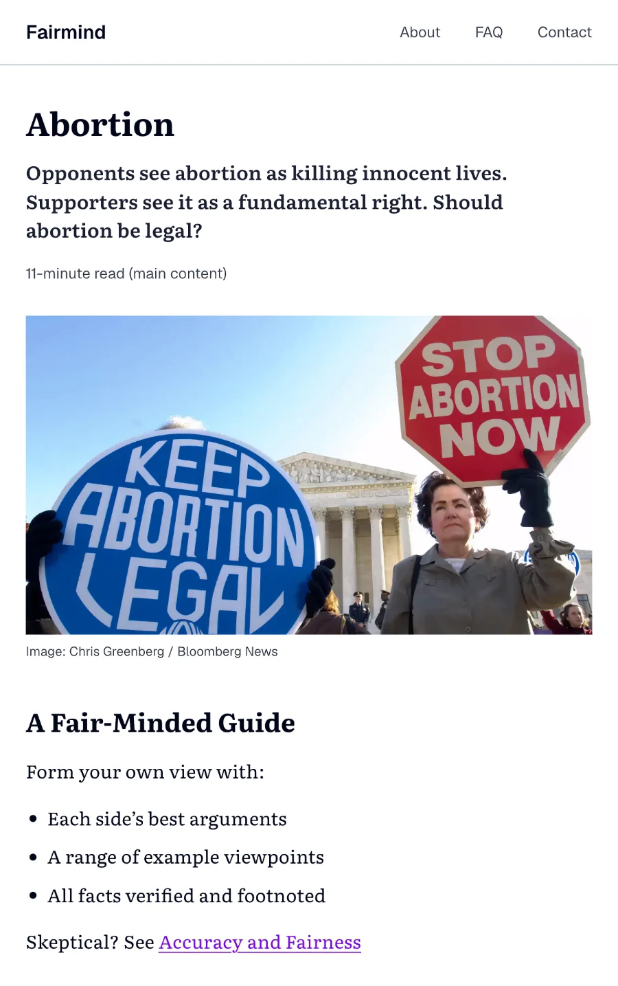 A screenshot of the Fairmind guide about abortion. It has a photo of two protesters, one with a sign saying “Keep Abortion Legal” and the other with a sign saying “Stop Abortion Now.”